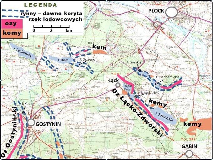Wystpowanie form polodowcowych na terenie czci Pojezierza Gostyniskiego, midzy Gostyninem, Pockiem a Gbinem/ Podkad: Mapa topograficzna Polski (N-34-123/124)