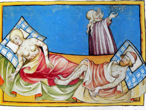 Miniatura z Toggenburg Biblii (Szwajcaria) z 1411th przedstawia chorych na prawdopodobnie czarną ospę/ Źródło: Wikipedia