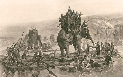 Bojowe słonie Hannibala przeprawiaja się przez Ren/ Źródło: Wikipedia (Henri Motte 1878)